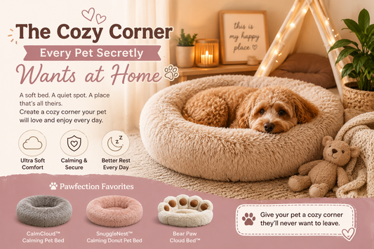 Cozy pet corner featuring a small dog relaxing in a plush calming pet bed surrounded by warm lighting and soft home décor, creating a peaceful sleep space for dogs and cats.