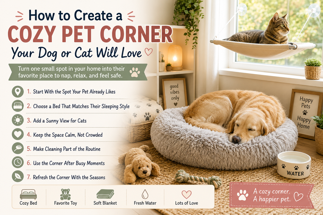 Cozy pet corner with a soft calming bed, blanket, and happy dog or cat relaxing at home.