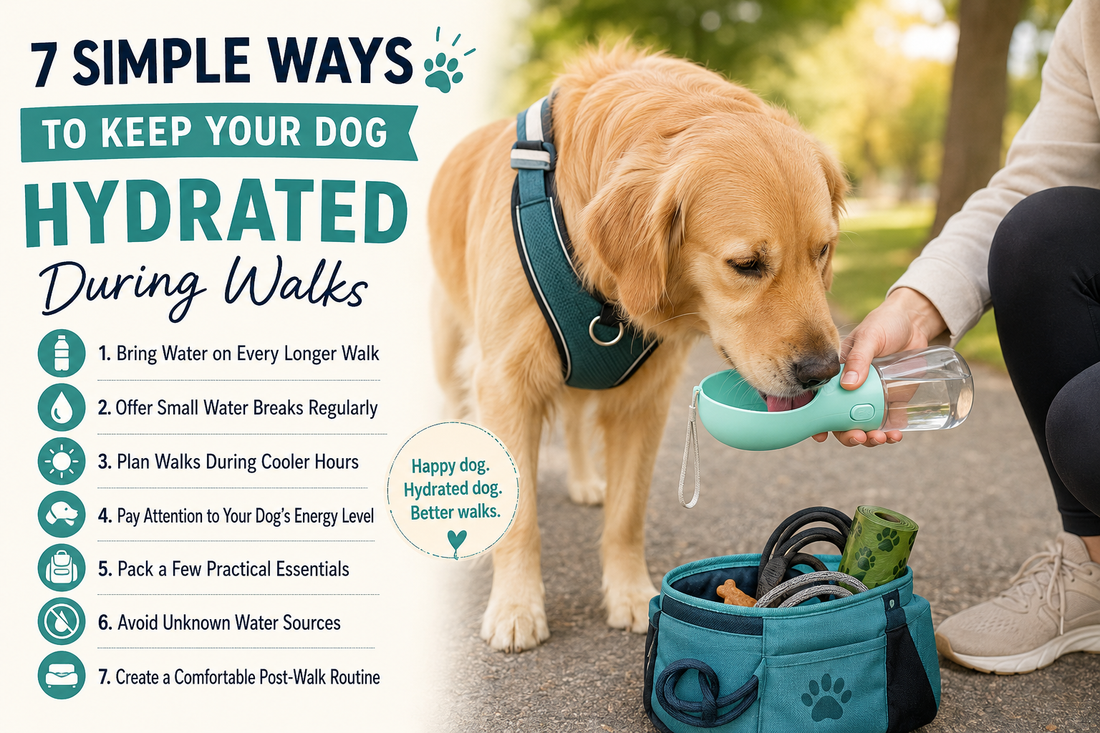 Happy dog taking a water break from a portable dog water bottle during an outdoor walk.