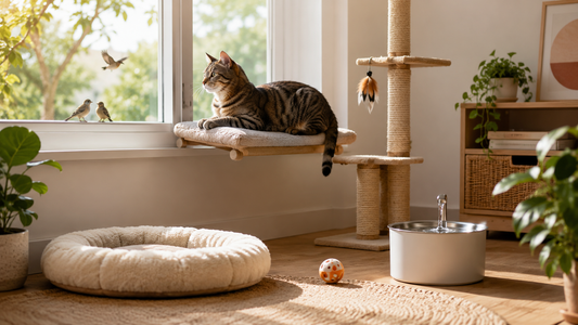 Indoor cat enrichment setup with a tabby cat on a window perch, cozy cat bed, scratching tree, toy, and water fountain.