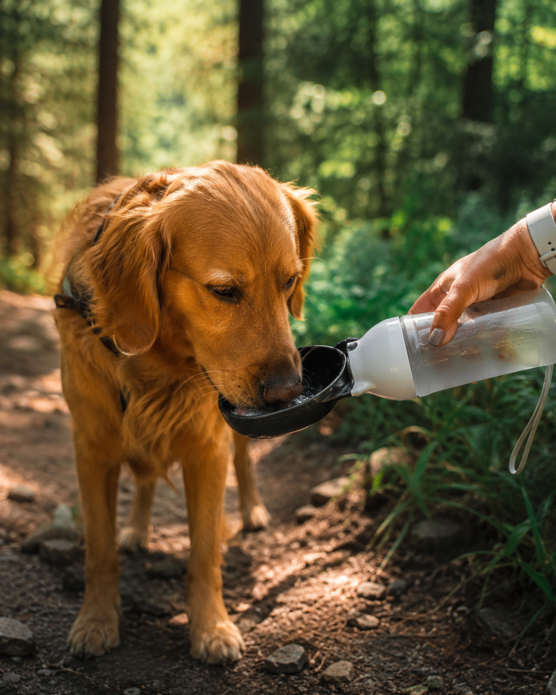Golden dog drinking water from a SipGo portable dog water bottle on a forest trail, with sunlight filtering through the trees.