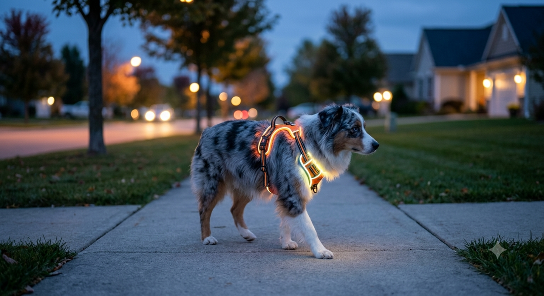 A dog wearing a highly visible reflective harness walking safely down a suburban sidewalk at dusk with car headlights glowing in the background