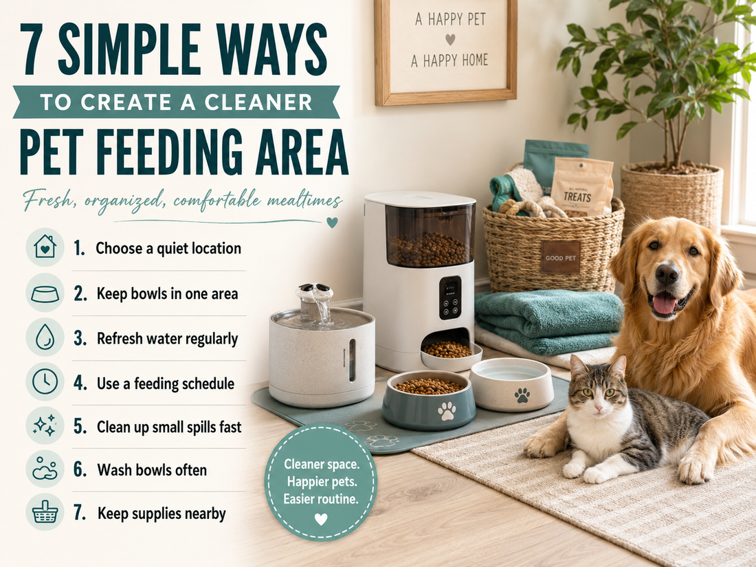 Clean and organized pet feeding area with a water fountain and automatic feeder in a cozy home.