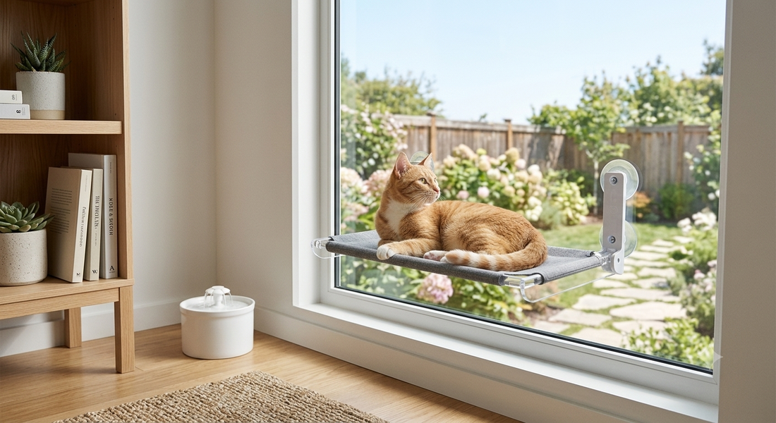A relaxed cat looking out a bright window from a comfortable, modern window hammock, showing a stress-free indoor pet environment