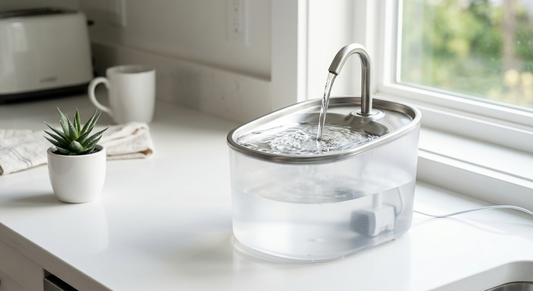A sleek, clean, modern automatic cat water fountain with clear flowing water running over smooth interior surfaces, highlighting an open-concept hygienic design