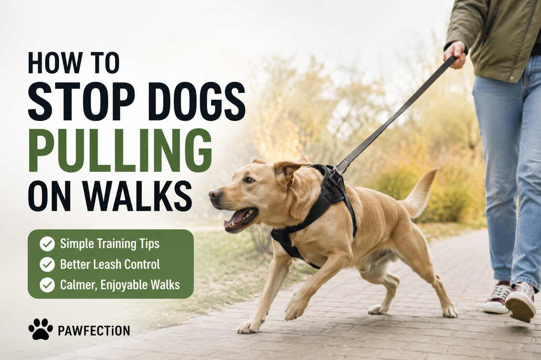 Infographic showing simple tips to stop dogs pulling on walks featuring a dog wearing a no-pull harness during an outdoor walk.