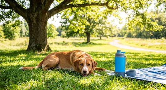 A beautiful dog resting in the shade on a sunny summer day next to a modern travel water bottle, looking healthy and hydrated