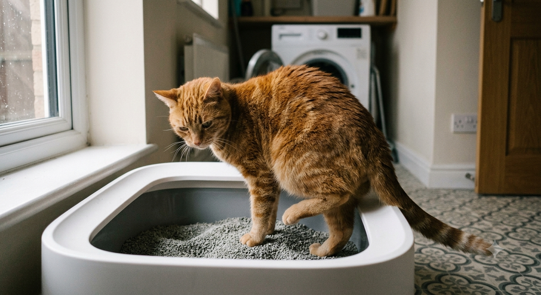 An anxious tabby cat sitting inside a modern indoor litter box, illustrating early behavioral signs of a feline urinary tract infection