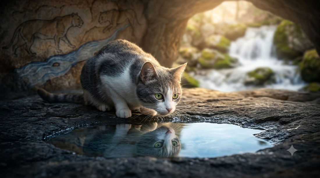 Domestic cat peering cautiously at its reflection in a still puddle inside a stone cave with ancient wild feline wall art