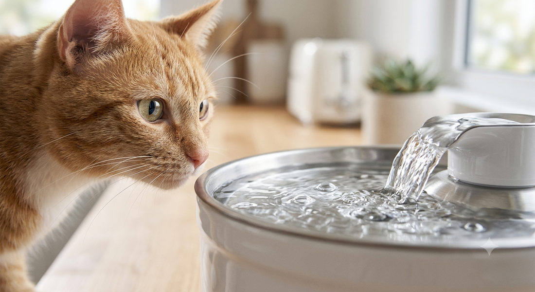A curious domestic cat observing clear, bubbling water flowing smoothly inside a modern pet fountain, highlighting how moving water attracts feline vision