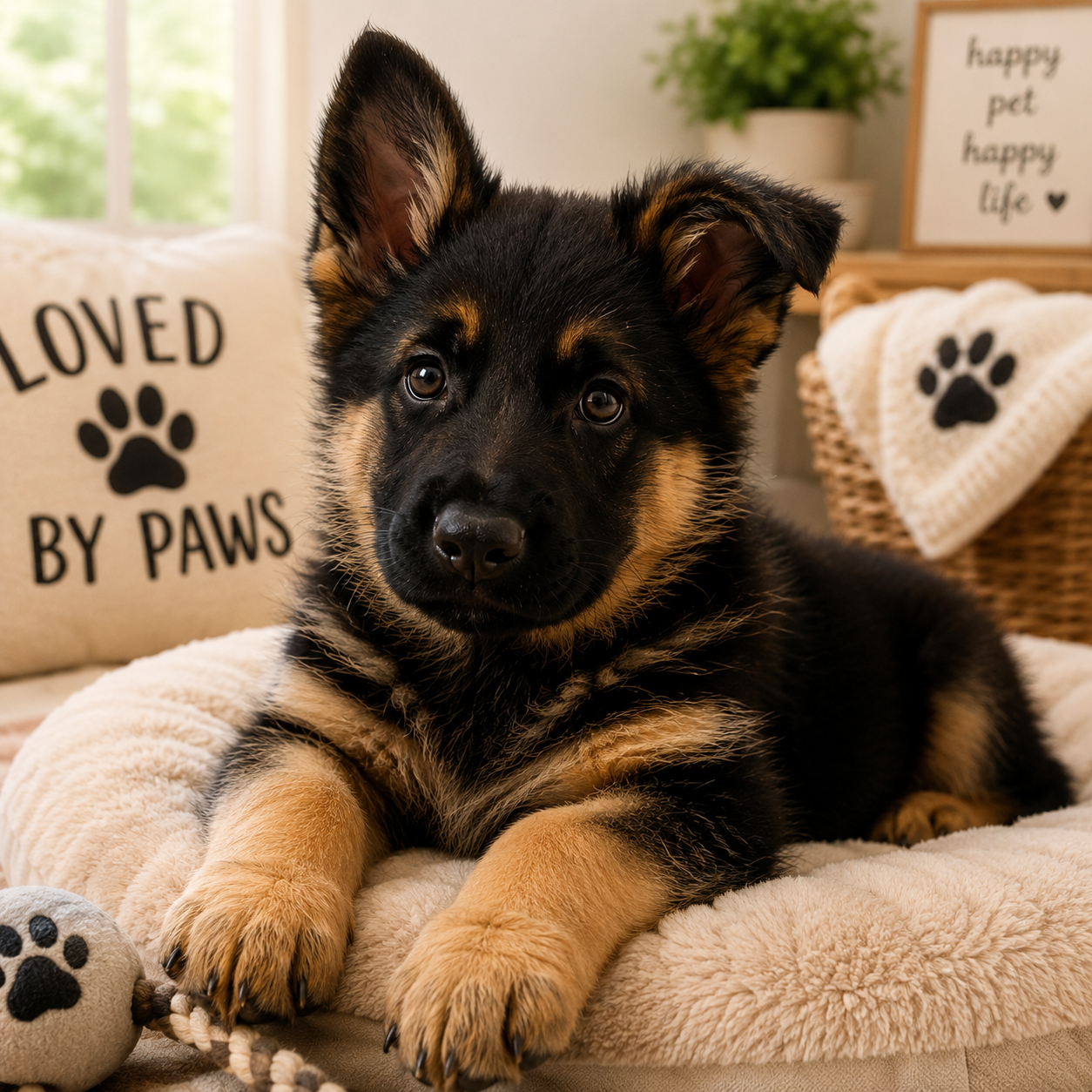 Adorable German Shepherd puppy resting on a soft beige calming dog bed in a cozy home, looking curiously at the camera with a tilted head.