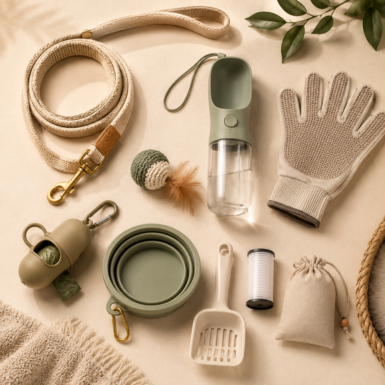 Curated flat lay of everyday pet extras including a leash, portable water bottle, grooming glove, collapsible bowl, poop bag dispenser, and small pet accessories on a warm neutral background.
