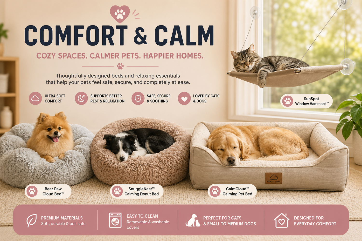 Comfort & Calm pet collection banner featuring cozy calming pet beds, a cat window hammock, and relaxed cats and dogs in a warm home setting