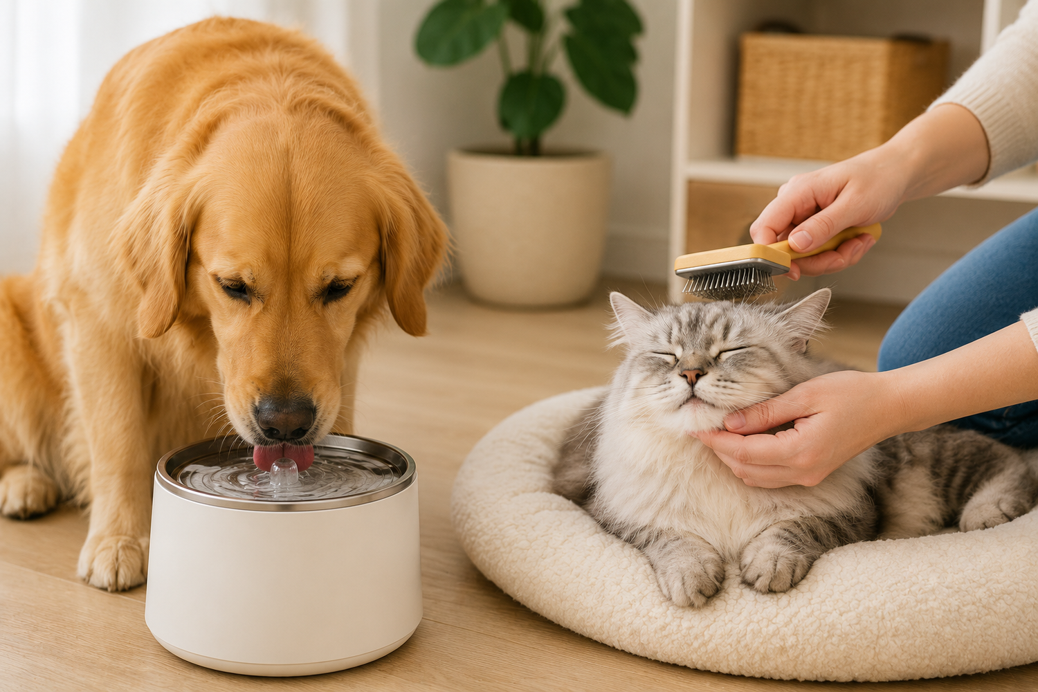 Golden retriever drinking from a pet water fountain while a relaxed cat is being brushed in a cozy home setting