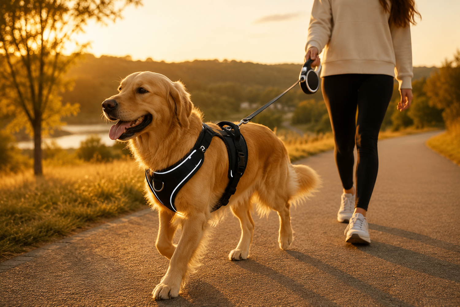 Golden retriever wearing reflective no-pull dog harness during outdoor walk at sunset.