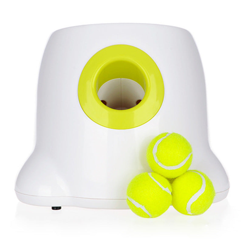 Automatic dog ball launcher with three tennis balls for interactive dog toys.
