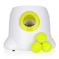 Automatic dog ball launcher with three tennis balls for interactive dog toys.