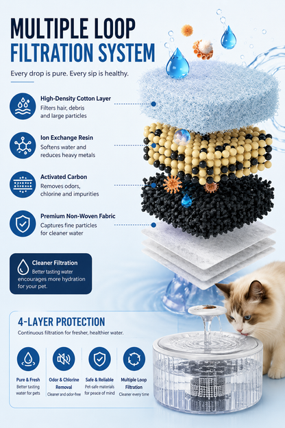 AquaFlow cat water fountain infographic showing multi-layer filtration system for cleaner drinking water