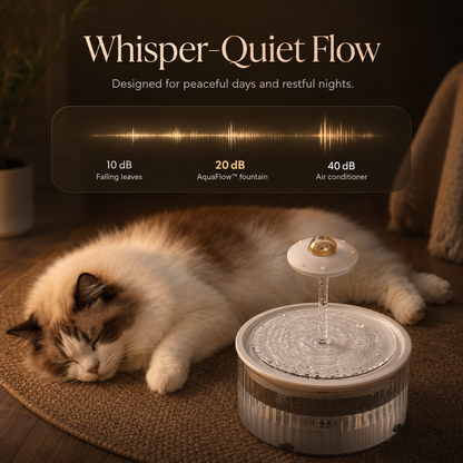 Cat resting beside AquaFlow water fountain with whisper-quiet circulating water flow