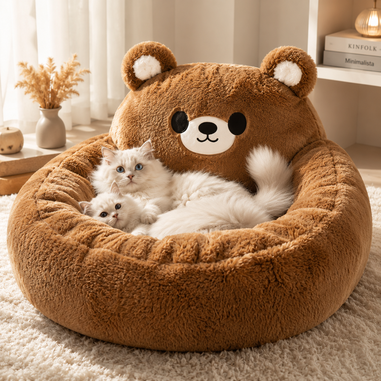 Soft plush bear-inspired calming pet bed designed for cats and small dogs to relax comfortably.