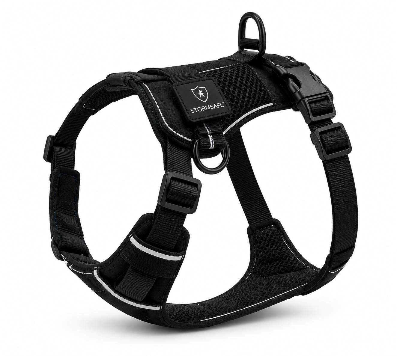 Black reflective no-pull dog harness with breathable mesh padding and adjustable straps.