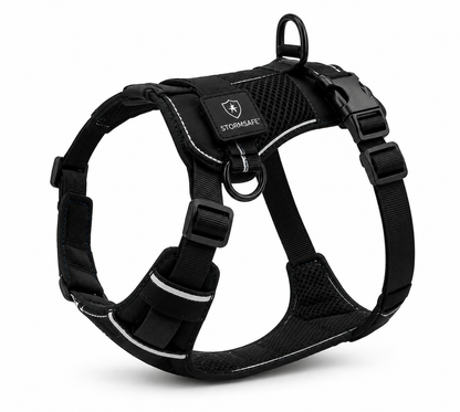 Black reflective no-pull dog harness with breathable mesh padding and adjustable straps.
