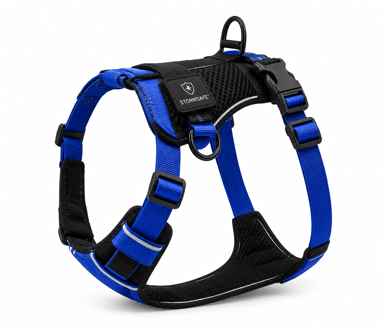 Blue reflective no-pull dog harness designed for comfortable walks training and outdoor adventures.