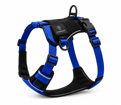 Blue reflective no-pull dog harness designed for comfortable walks training and outdoor adventures.