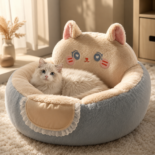Fluffy cat relaxing inside the CalmCloud™ calming pet bed designed for cozy comfort and peaceful sleep.