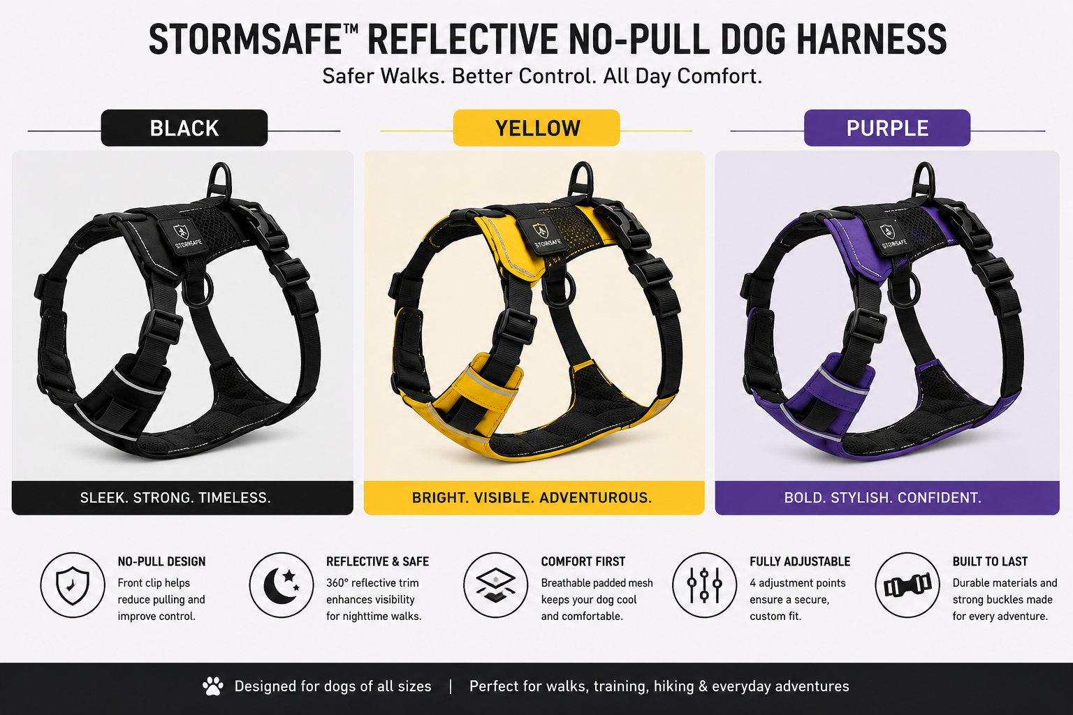 Reflective no-pull dog harness available in black yellow and blue color options.