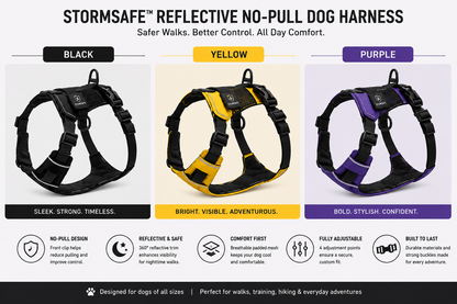 Reflective no-pull dog harness available in black yellow and blue color options.