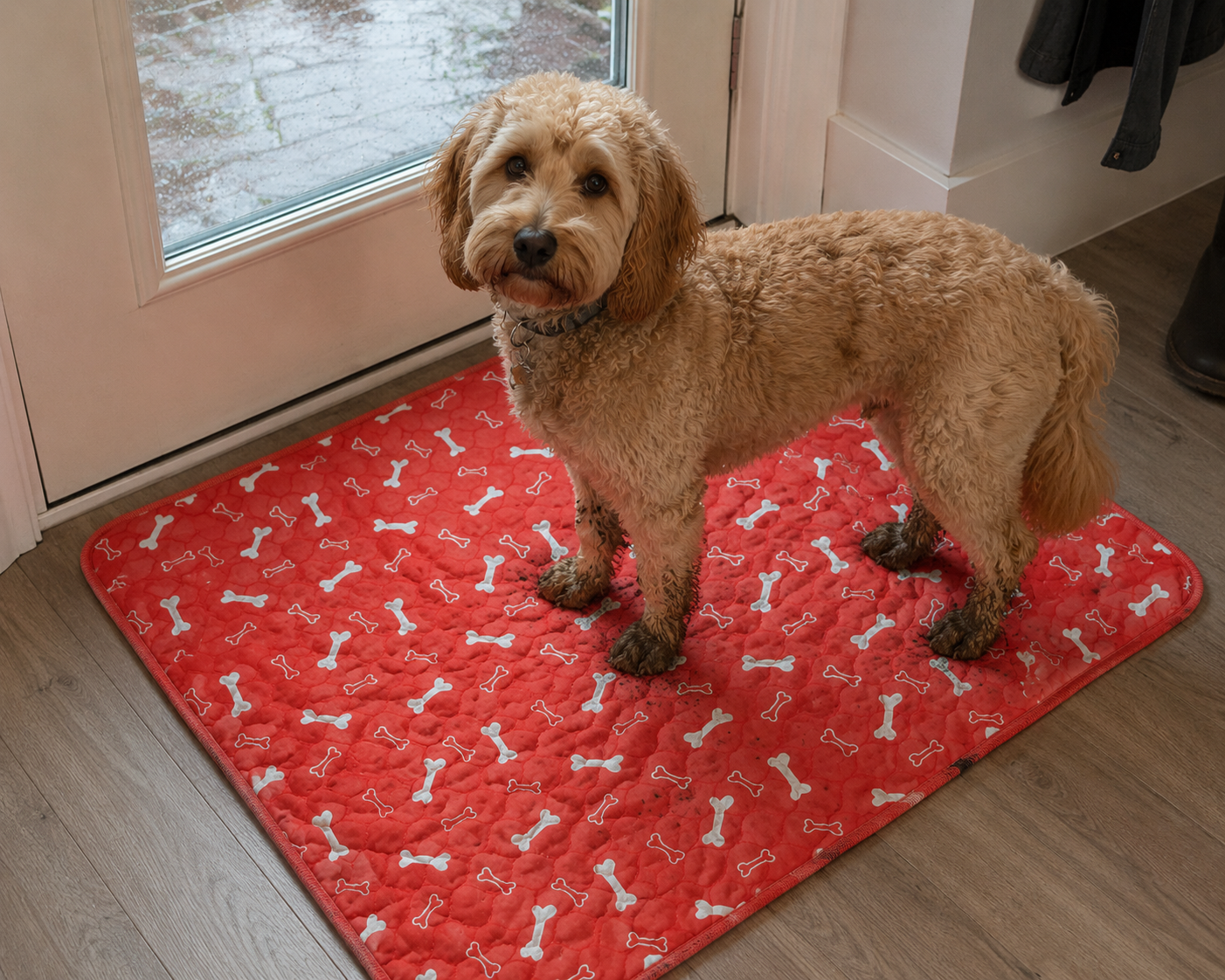 Dog standing on DryPaws™ absorbent paw cleaner mat after outdoor play