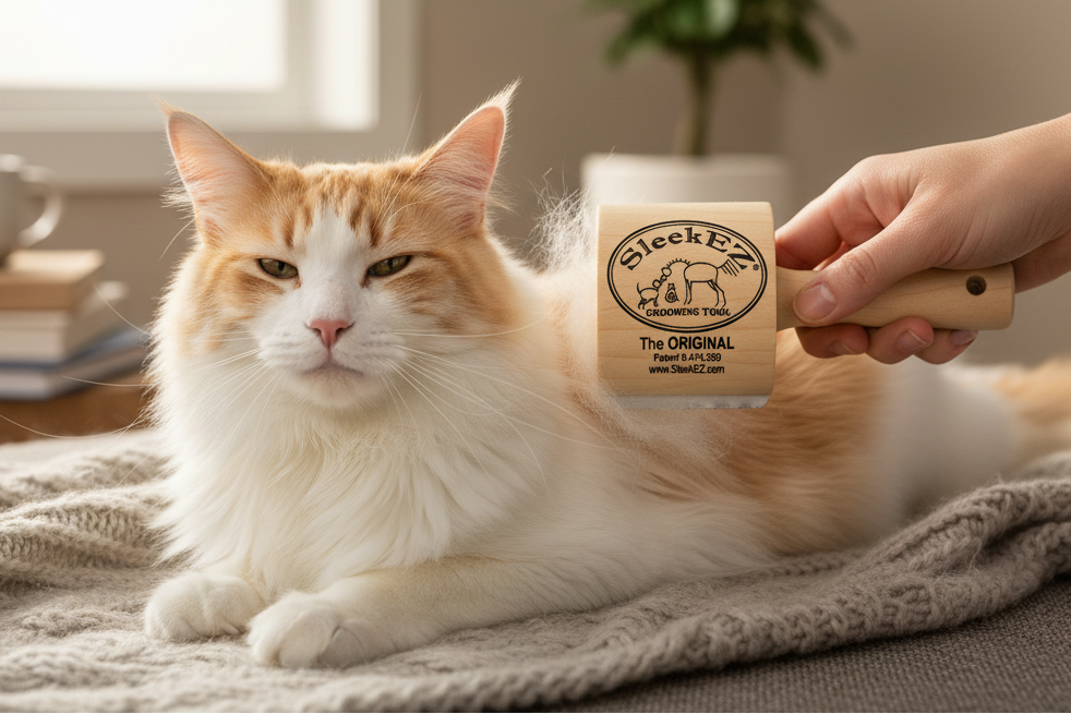 FurLift TM pet deshedding tool being used to brush loose hair off a long-haired cat