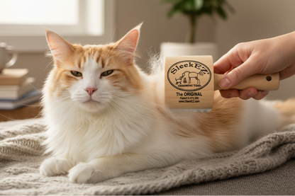 FurLift TM pet deshedding tool being used to brush loose hair off a long-haired cat