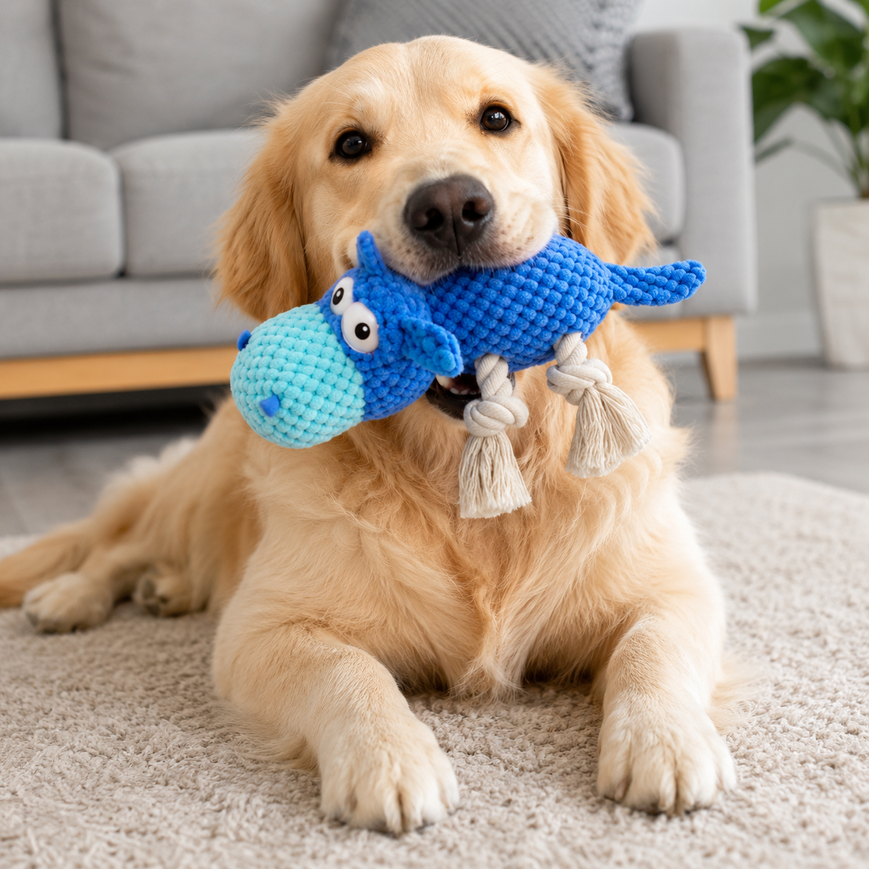 Golden retriever playing with IronBite™ plush chew toy indoors