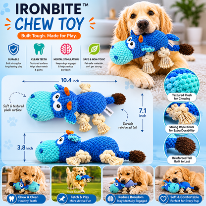IronBite™ plush dog chew toy dimensions and product parameters infographic