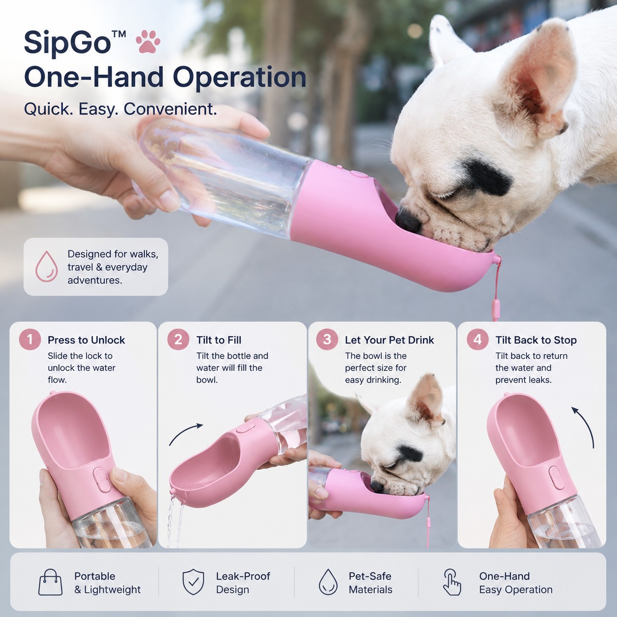 One-hand portable dog water bottle demonstration showing easy outdoor hydration for dogs.