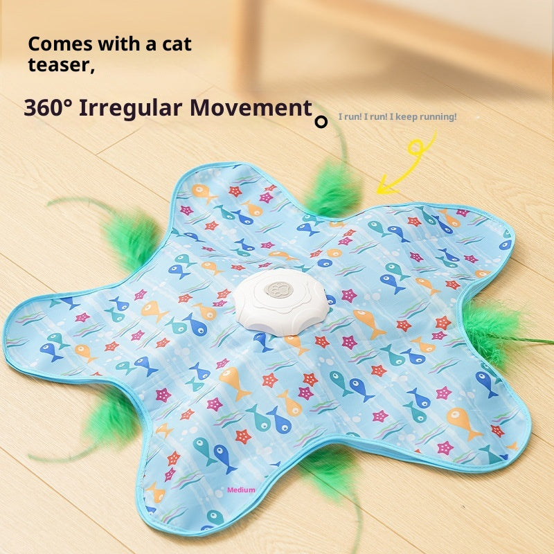 Peekaboo TM star shaped cat toy showing the green feathers sticking out with 360 degree irregular movement