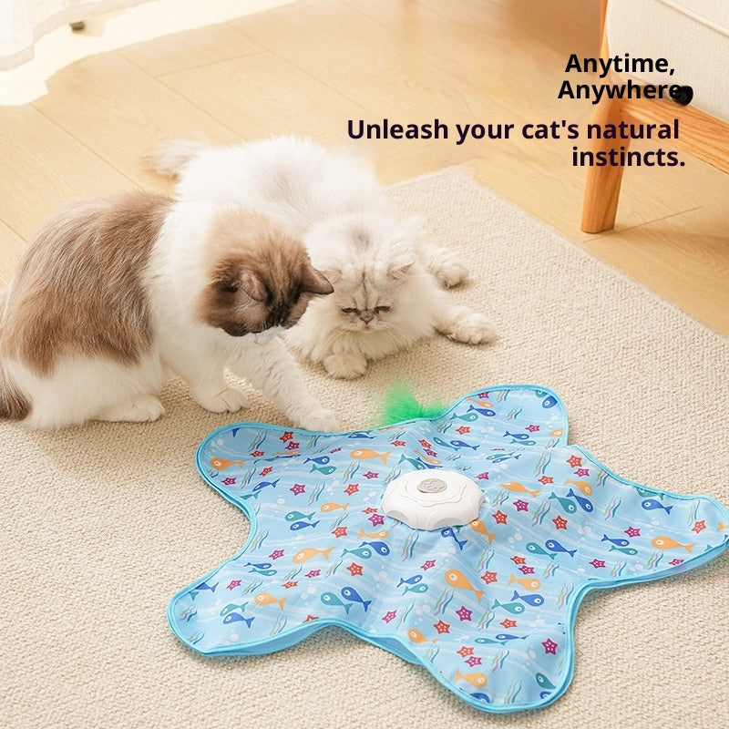 Peekaboo TM smart hunting electric cat toy with two cats watching the feather move under the starfish cover