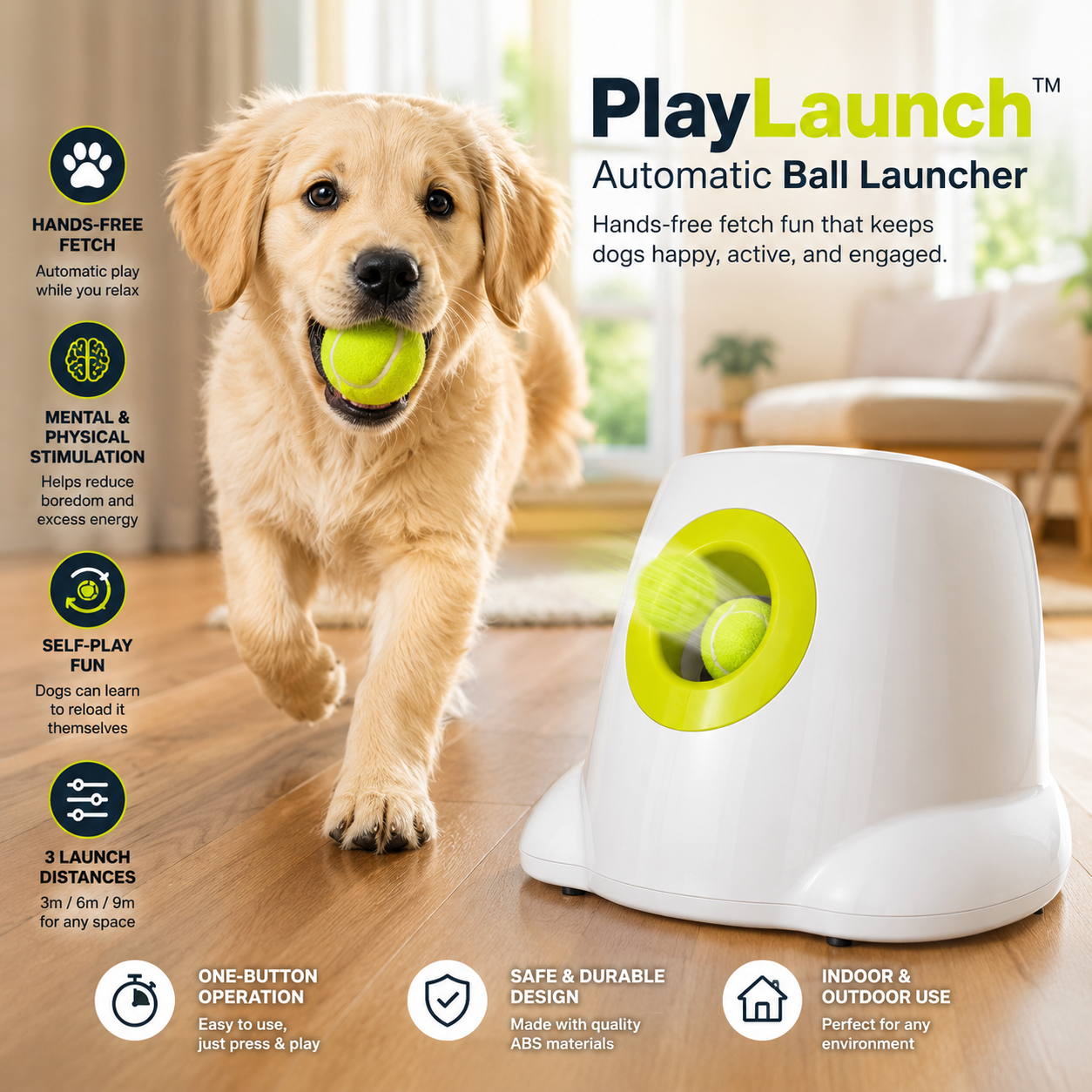 Golden retriever playing with the PlayLaunch™ automatic ball launcher indoors
