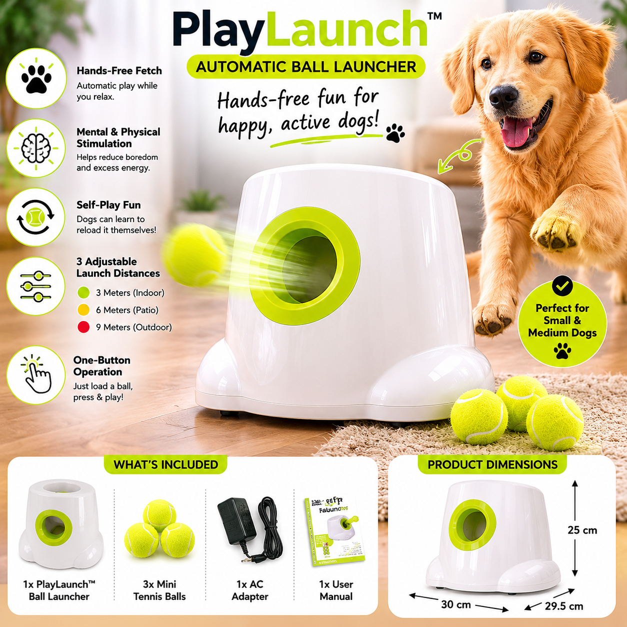 PlayLaunch™ automatic ball launcher infographic showing hands-free fetch, mental stimulation, and adjustable launch distances