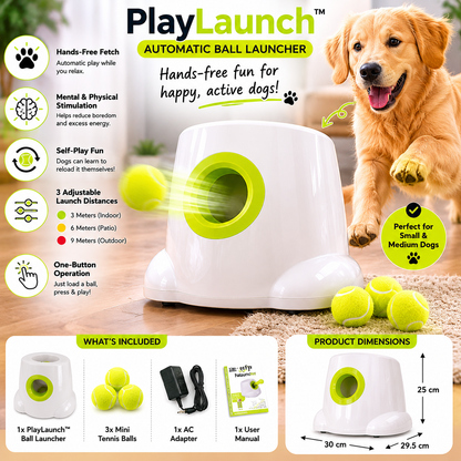 PlayLaunch™ automatic ball launcher infographic showing hands-free fetch, mental stimulation, and adjustable launch distances