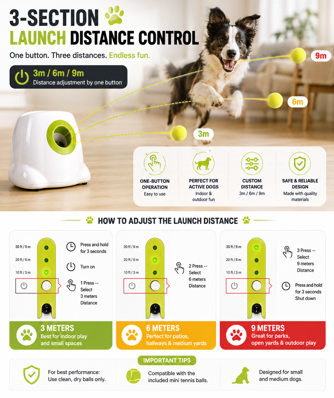 PlayLaunch™ automatic ball launcher infographic explaining 3 adjustable launch distance settings and one-button controls