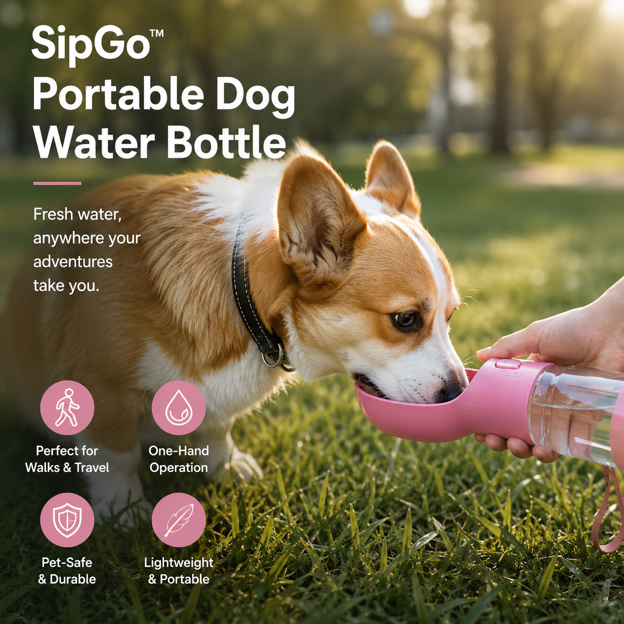 Portable dog water bottle being used during an outdoor walk with a corgi dog.