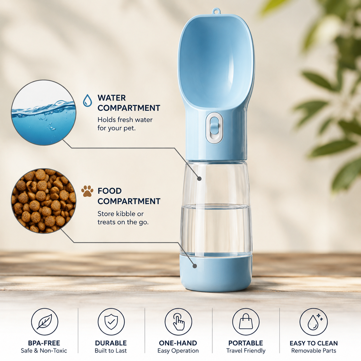 Portable pet water bottle with built-in water and food compartments for travel and outdoor use.