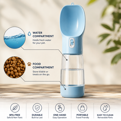 Portable pet water bottle with built-in water and food compartments for travel and outdoor use.