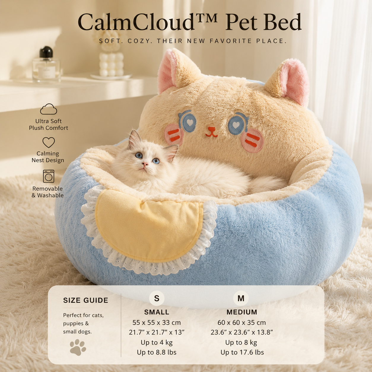 Premium plush calming pet bed in a cozy home setting with fluffy cats relaxing comfortably.