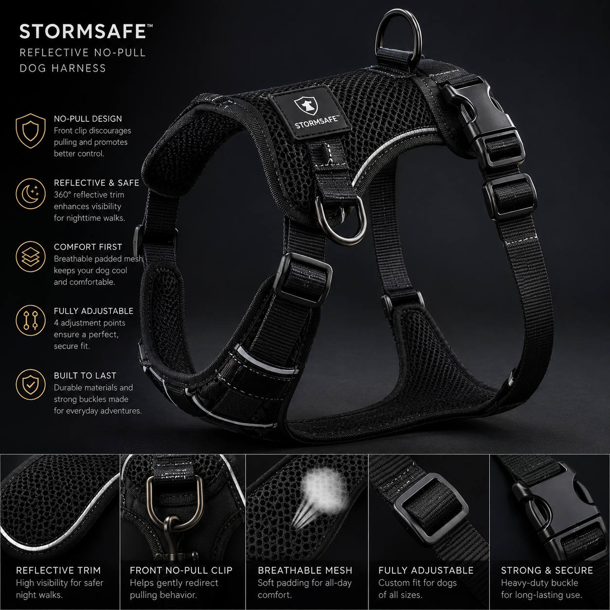 Premium reflective dog harness showing breathable mesh adjustable straps and durable buckles.