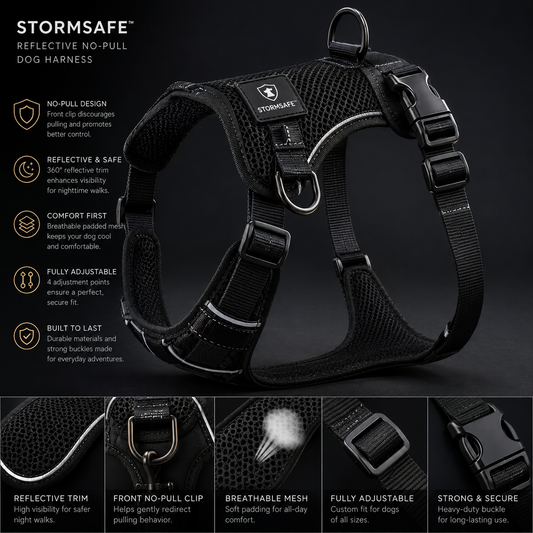 Premium reflective dog harness showing breathable mesh adjustable straps and durable buckles.