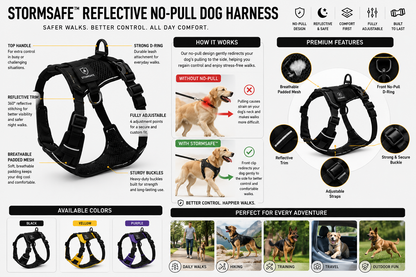 Reflective no-pull dog harness feature guide showing adjustable straps comfort mesh and safety design.